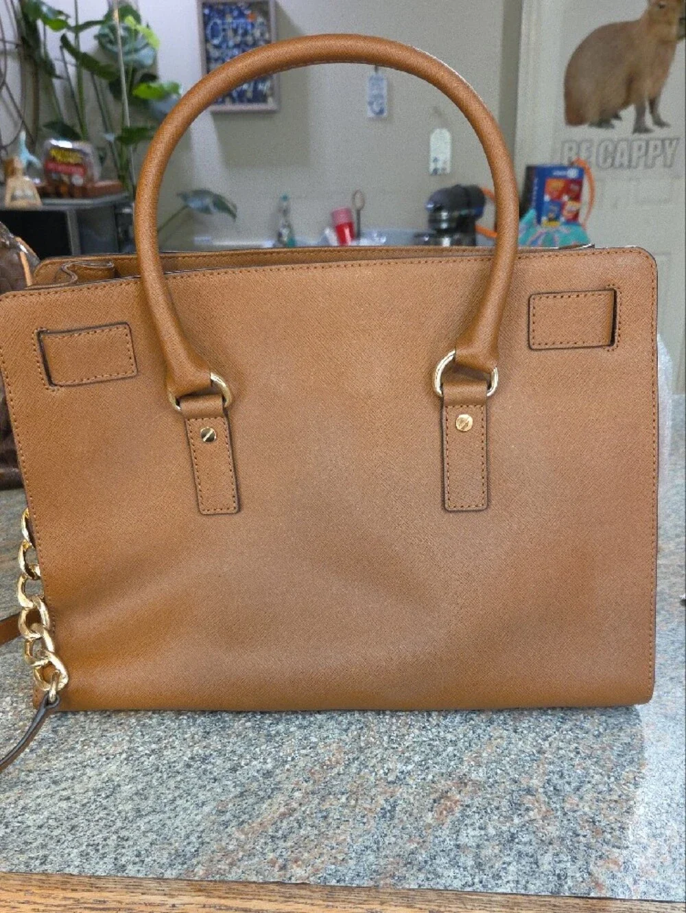 Michael Kors Brown Leather Satchel with Gold Tone Hardware
